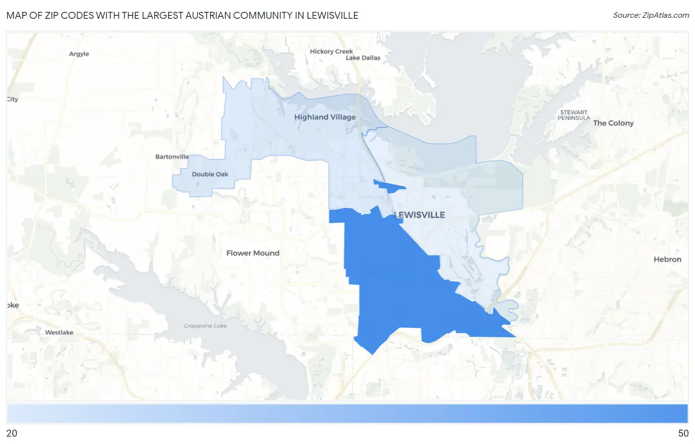 Zip Codes with the Largest Austrian Community in Lewisville Map