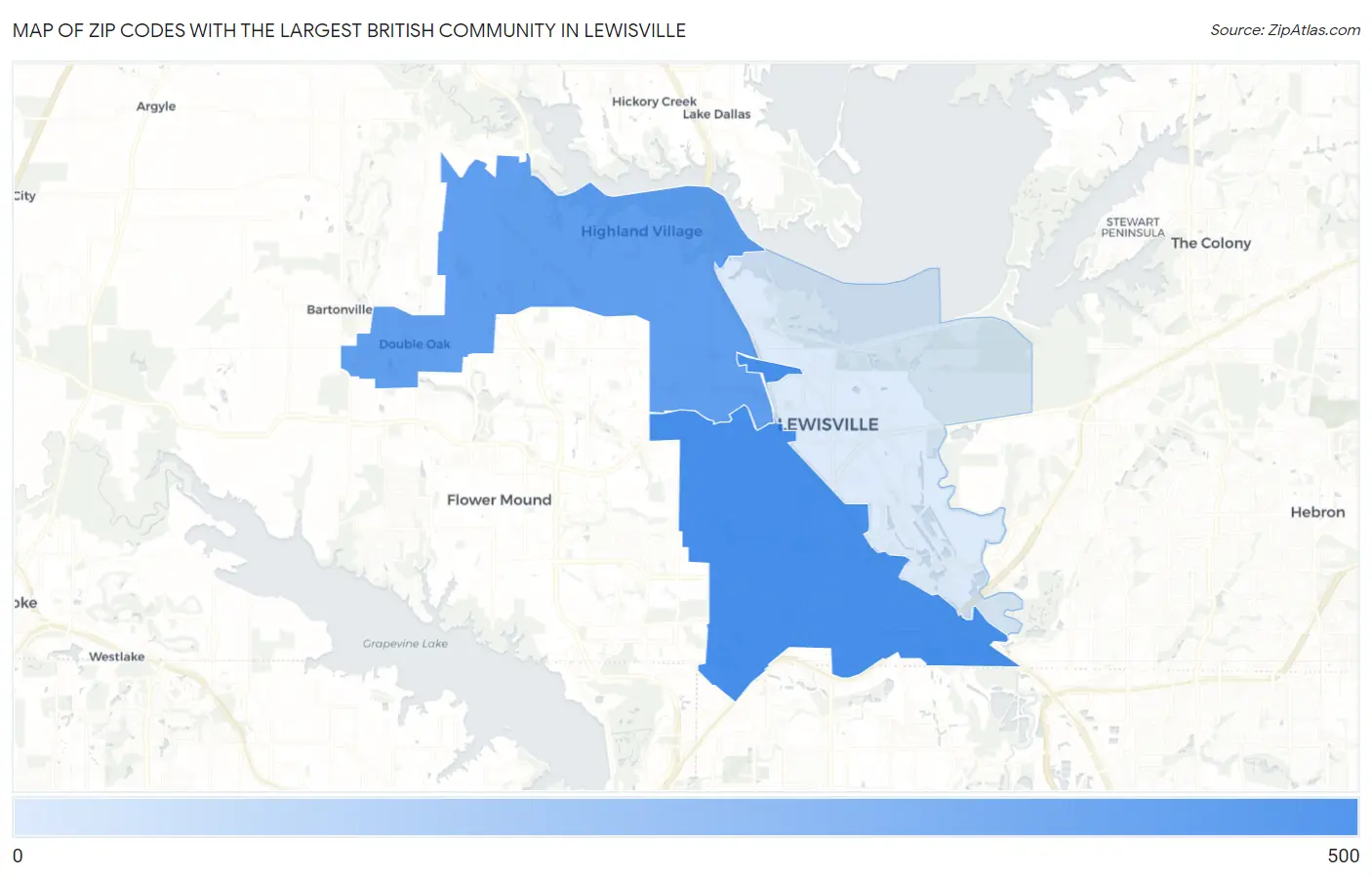 Zip Codes with the Largest British Community in Lewisville Map