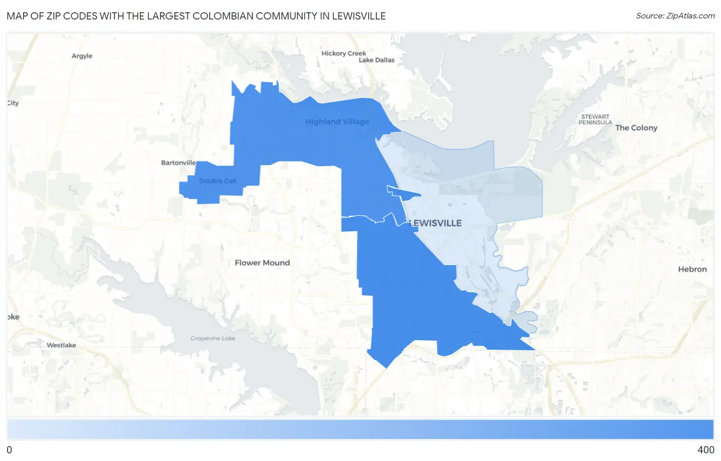 Zip Codes with the Largest Colombian Community in Lewisville Map