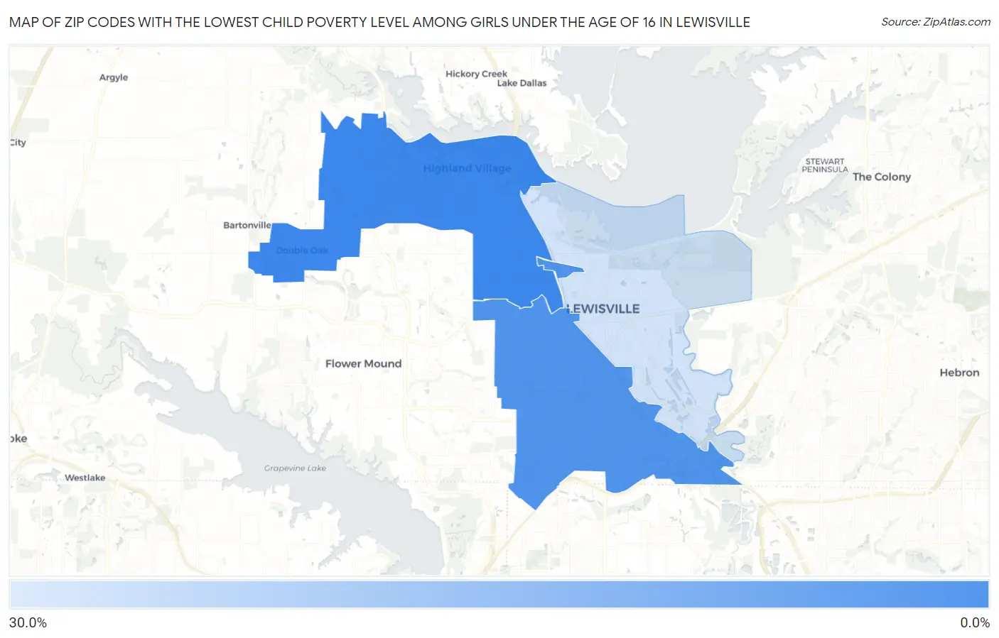 Zip Codes with the Lowest Child Poverty Level Among Girls Under the Age of 16 in Lewisville Map