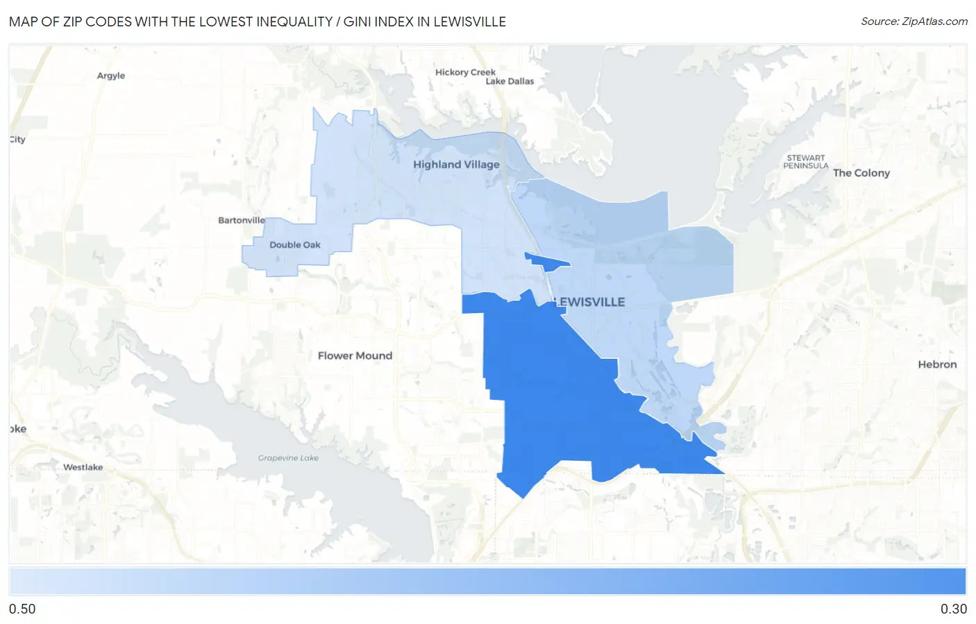 Zip Codes with the Lowest Inequality / Gini Index in Lewisville Map
