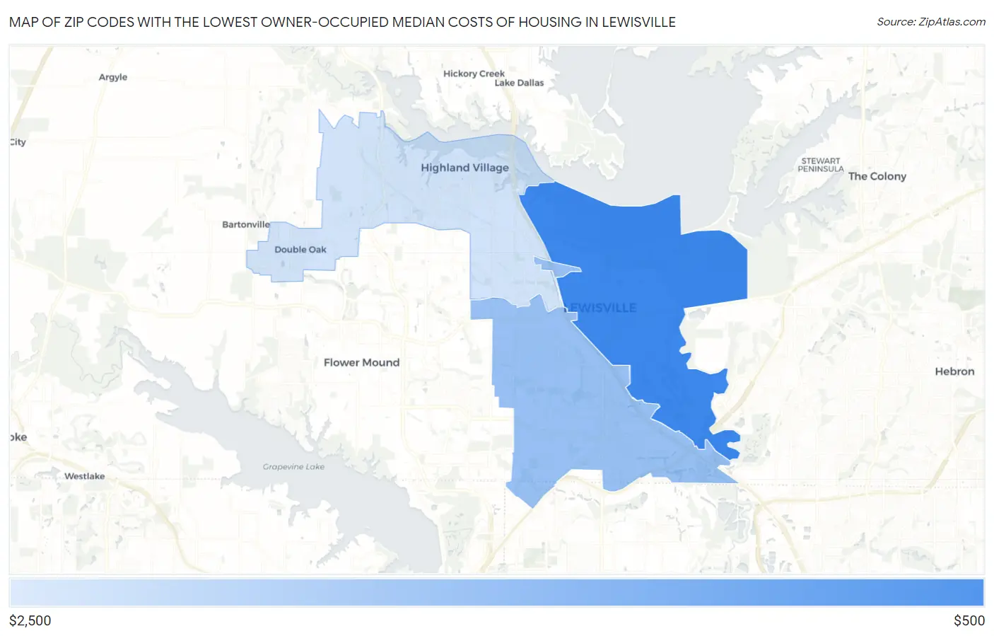 Zip Codes with the Lowest Owner-Occupied Median Costs of Housing in Lewisville Map