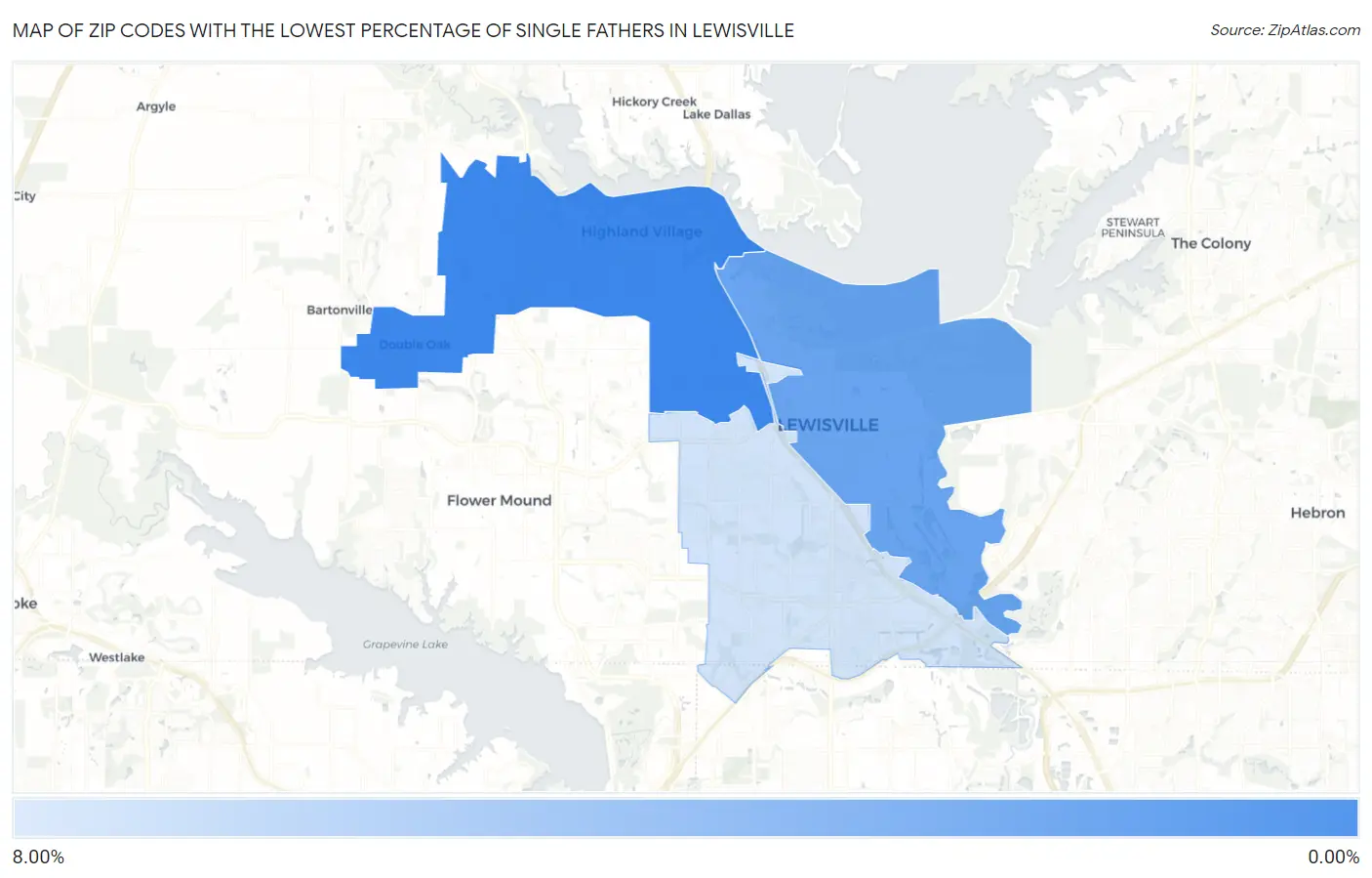 Zip Codes with the Lowest Percentage of Single Fathers in Lewisville Map