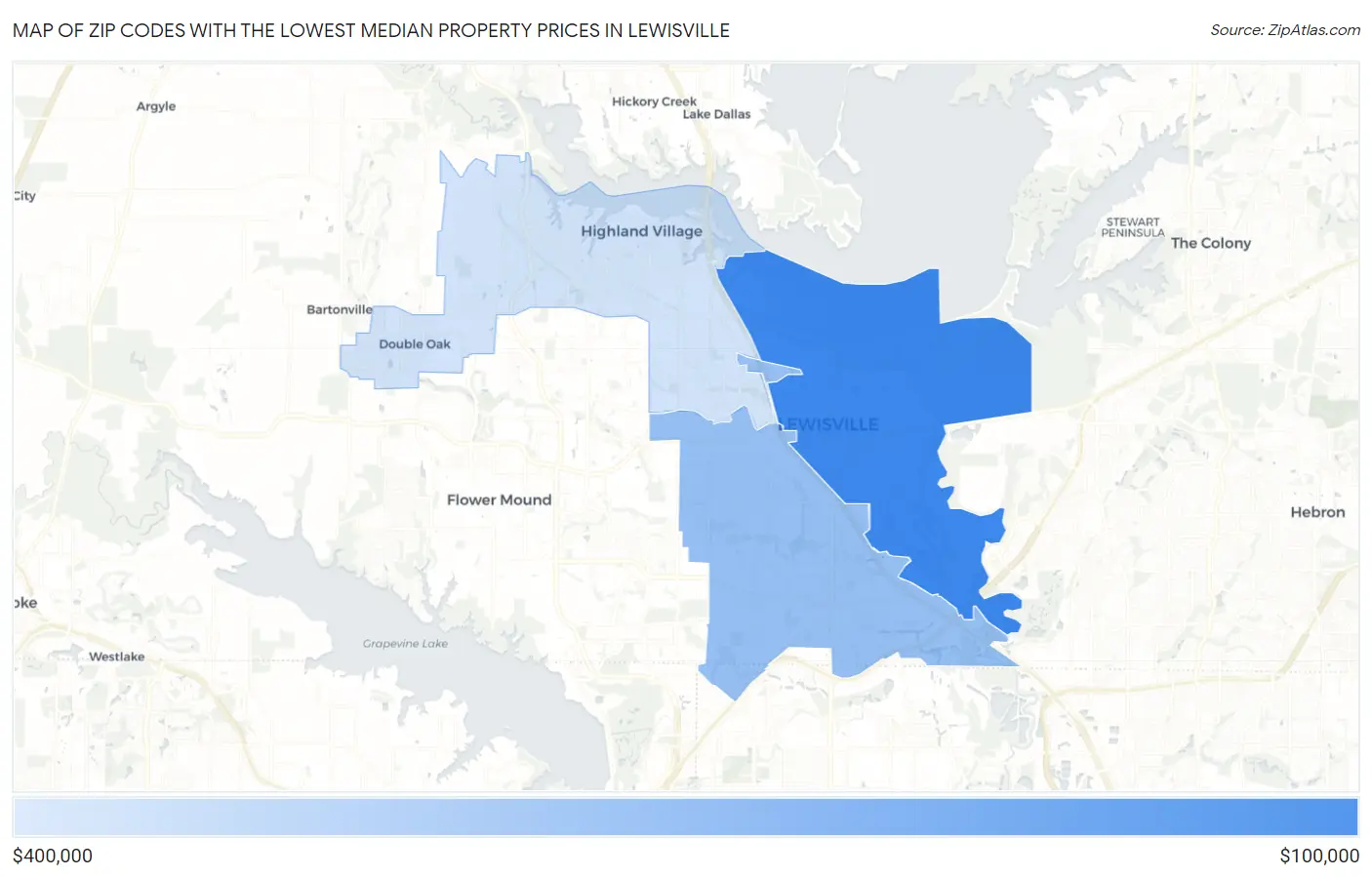 Zip Codes with the Lowest Median Property Prices in Lewisville Map