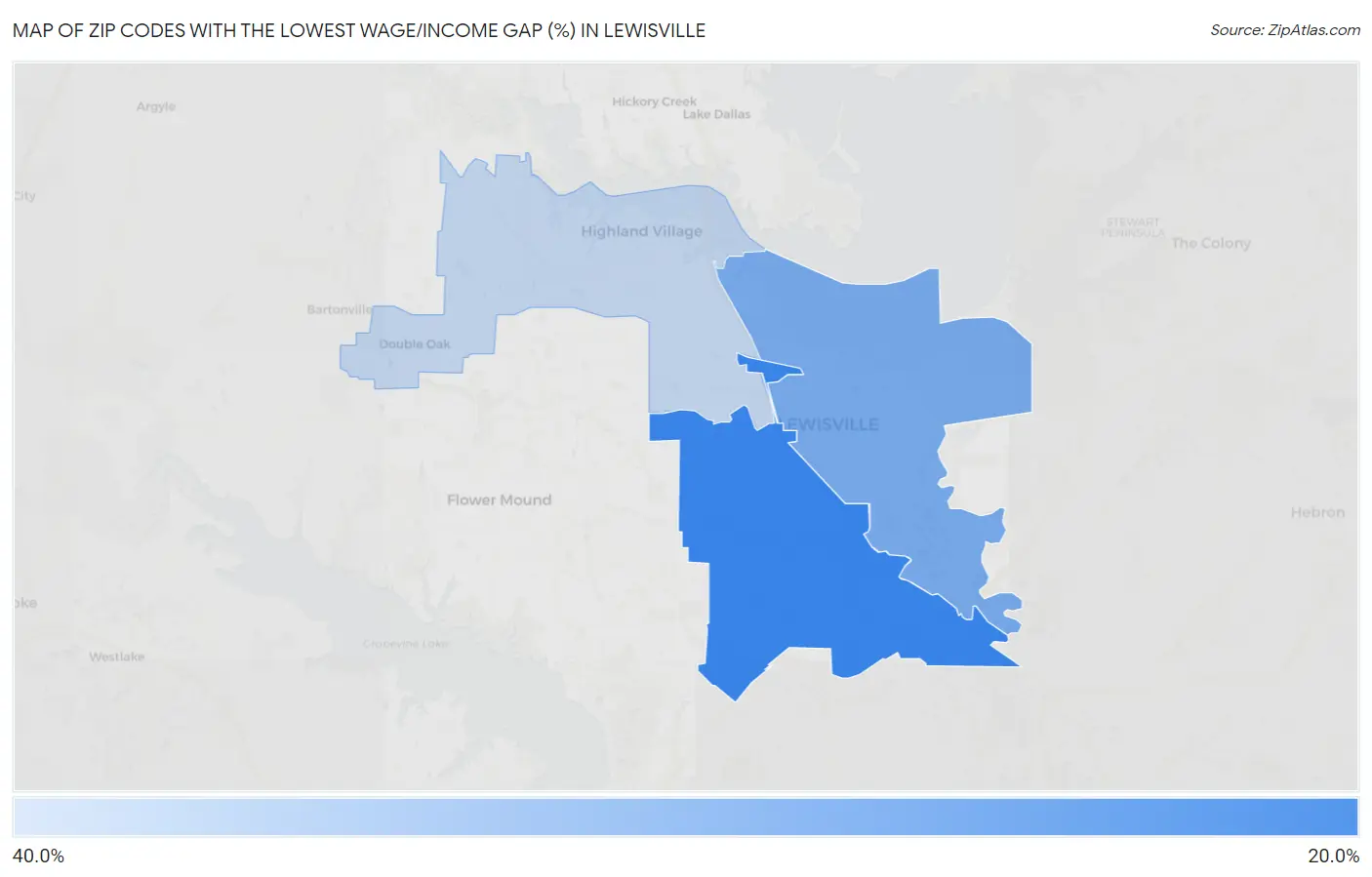 Zip Codes with the Lowest Wage/Income Gap (%) in Lewisville Map