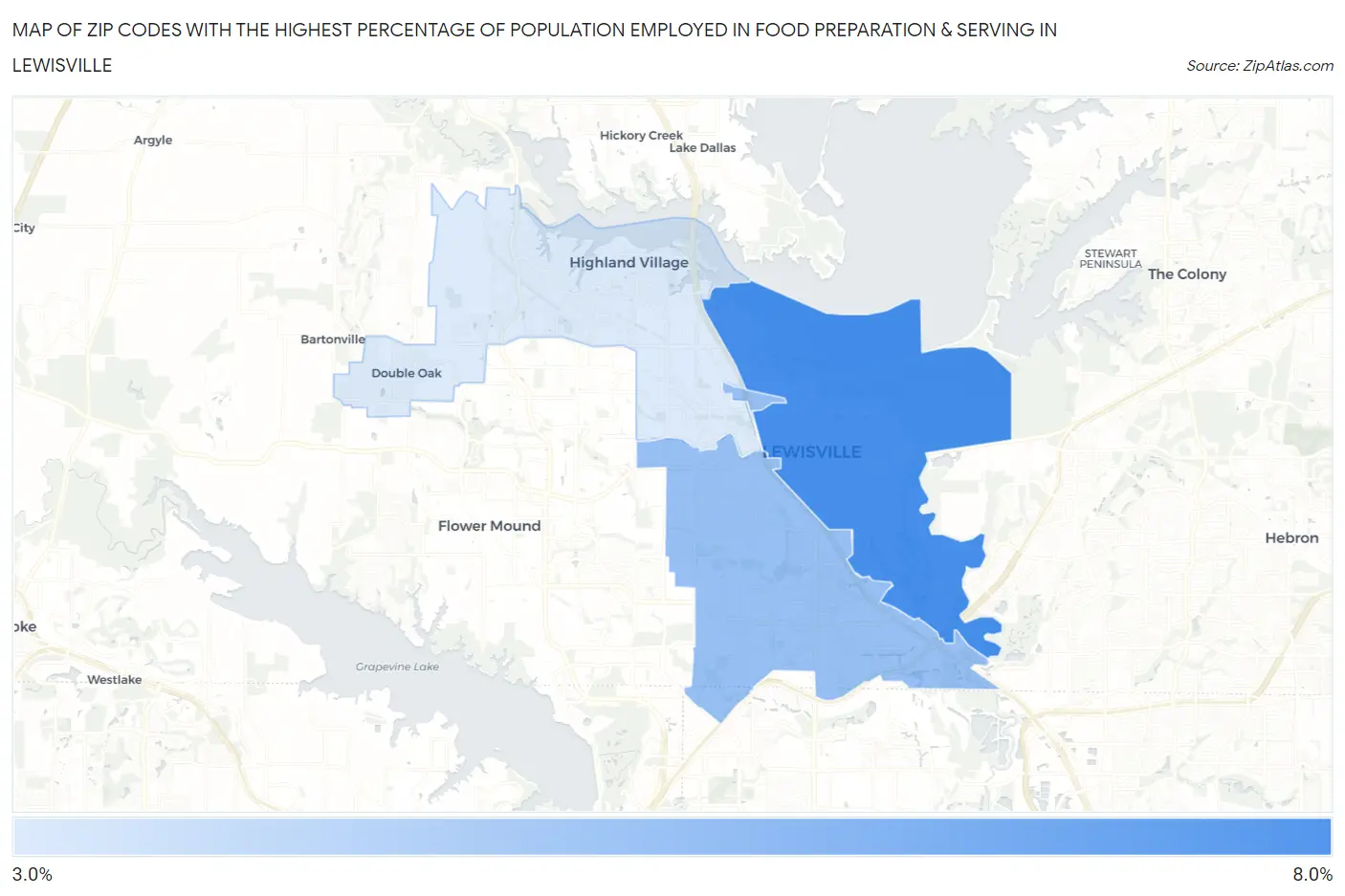 Zip Codes with the Highest Percentage of Population Employed in Food Preparation & Serving in Lewisville Map