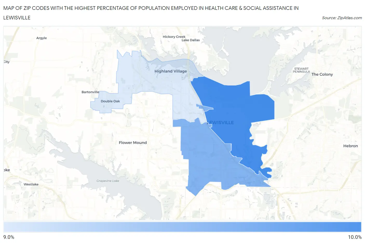 Zip Codes with the Highest Percentage of Population Employed in Health Care & Social Assistance in Lewisville Map