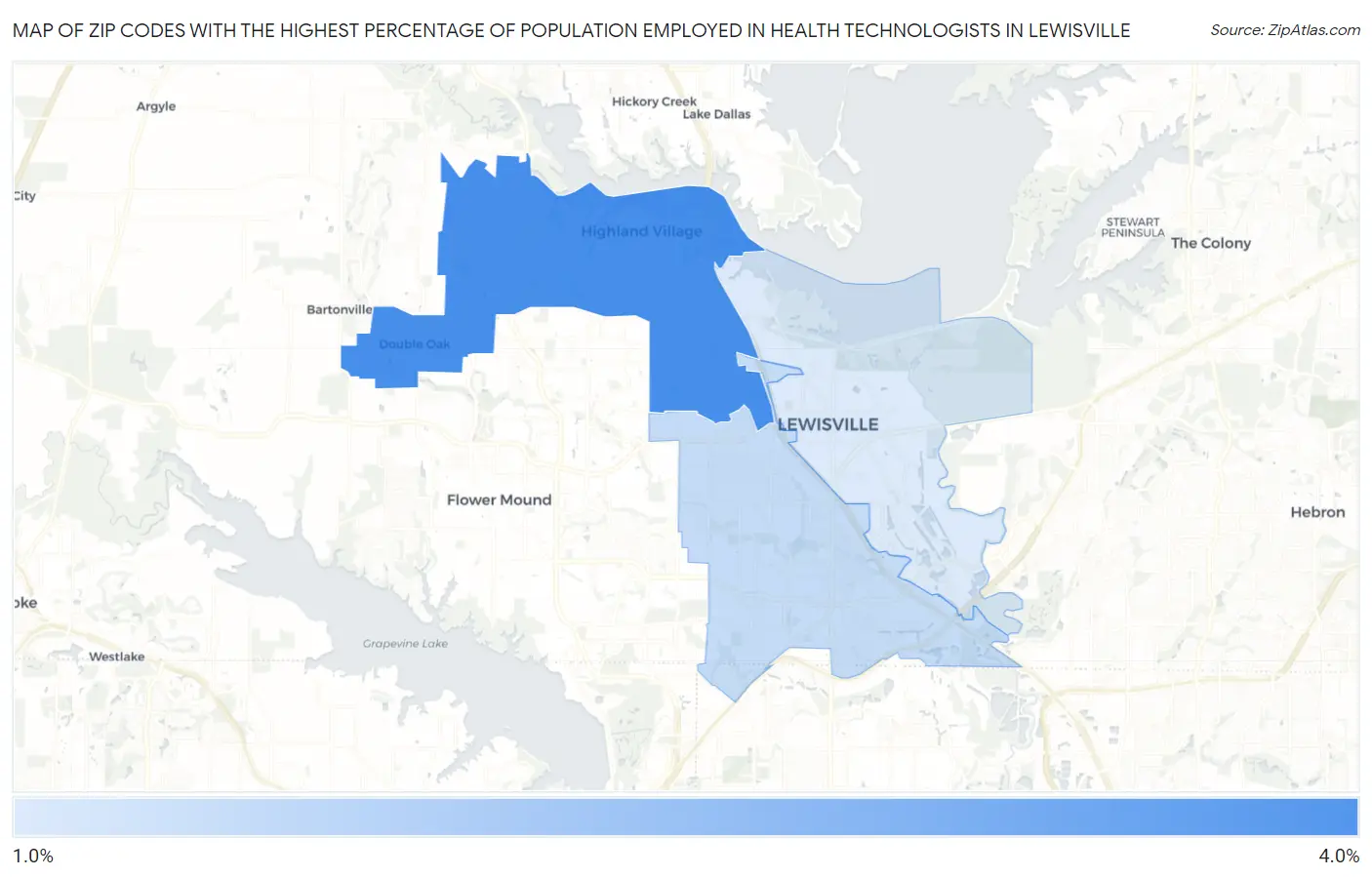 Zip Codes with the Highest Percentage of Population Employed in Health Technologists in Lewisville Map