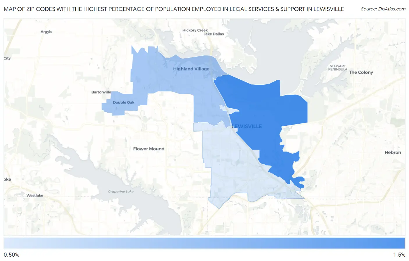 Zip Codes with the Highest Percentage of Population Employed in Legal Services & Support in Lewisville Map