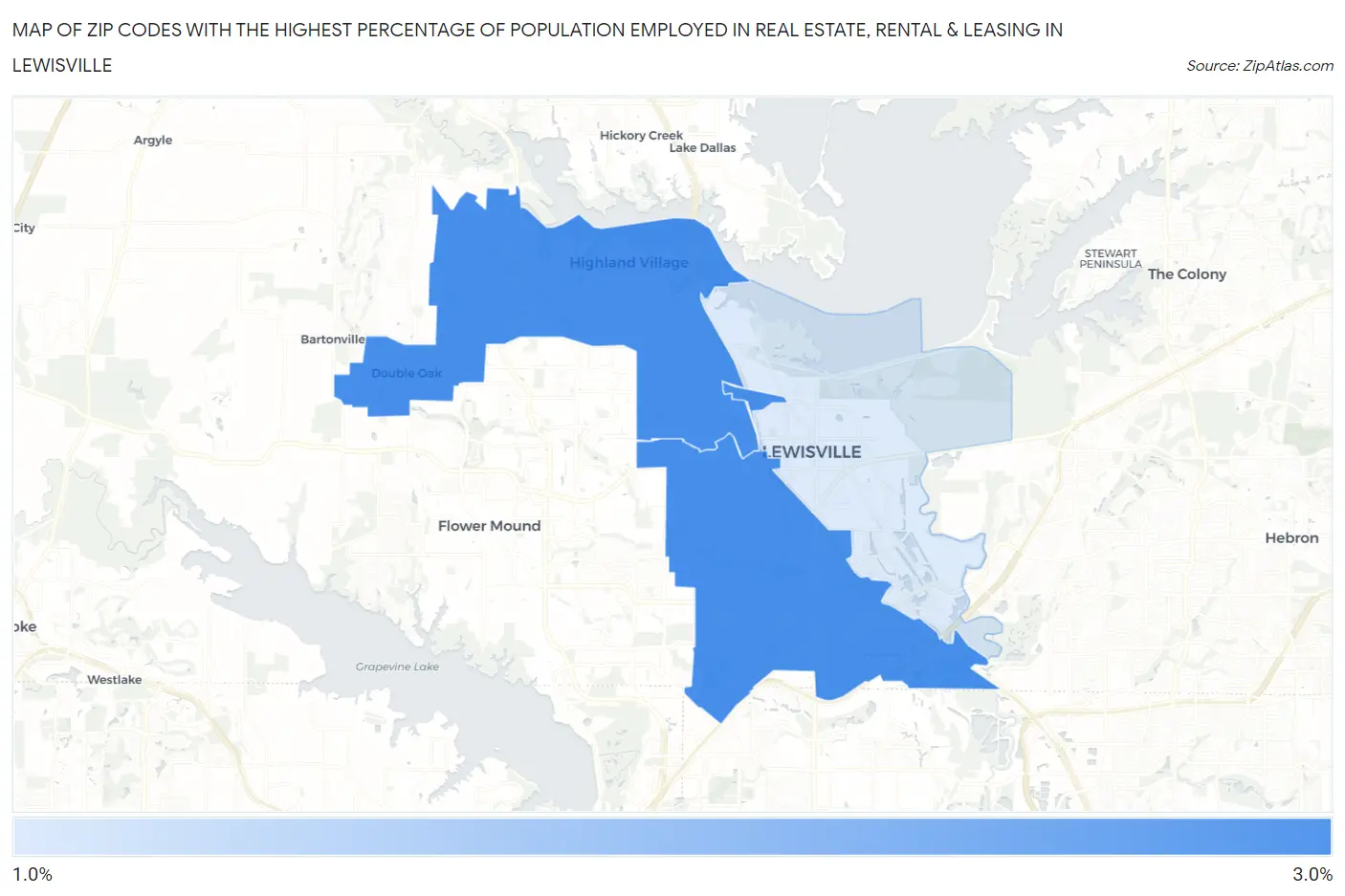 Zip Codes with the Highest Percentage of Population Employed in Real Estate, Rental & Leasing in Lewisville Map