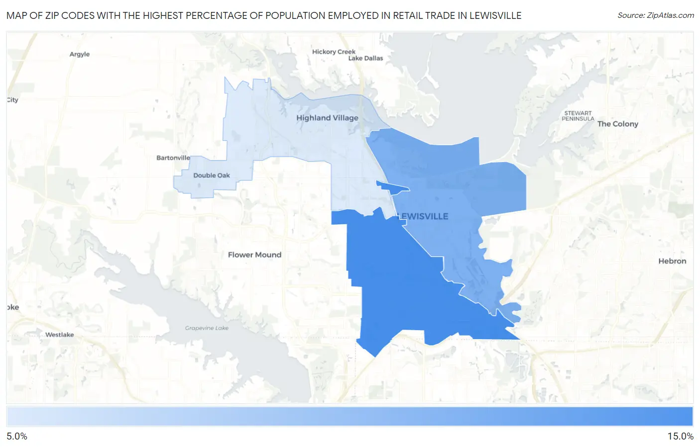 Zip Codes with the Highest Percentage of Population Employed in Retail Trade in Lewisville Map