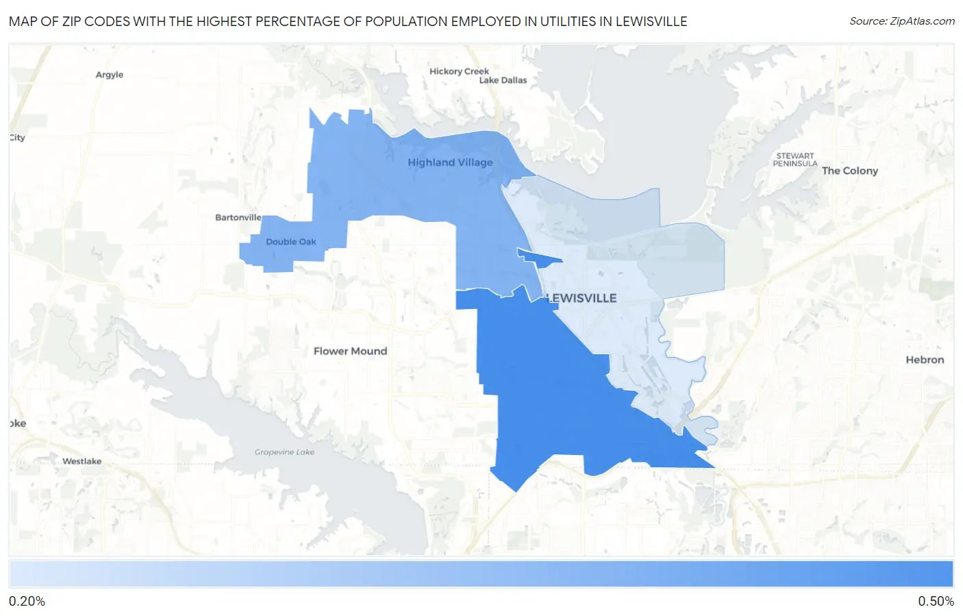 Zip Codes with the Highest Percentage of Population Employed in Utilities in Lewisville Map