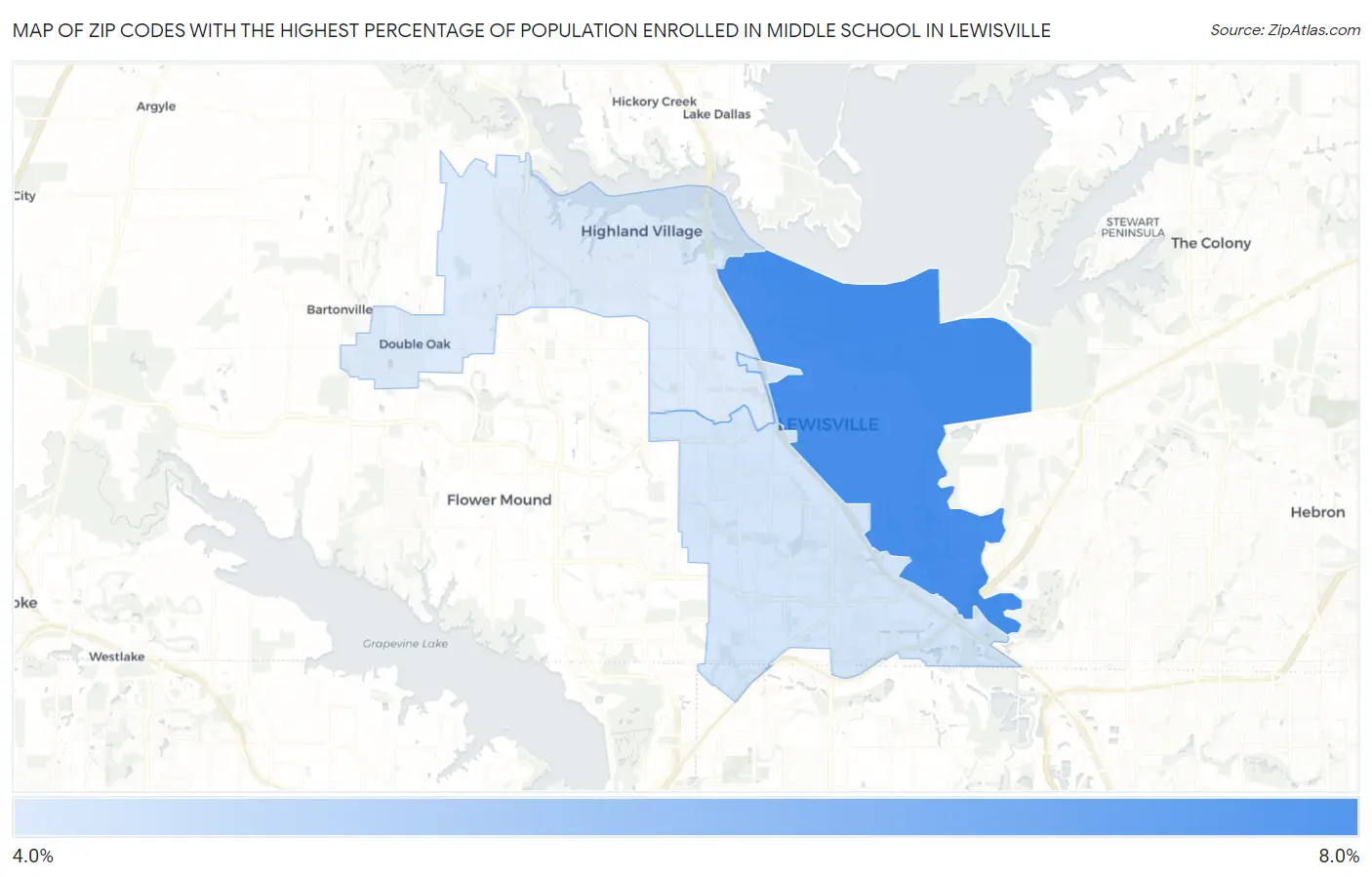 Zip Codes with the Highest Percentage of Population Enrolled in Middle School in Lewisville Map