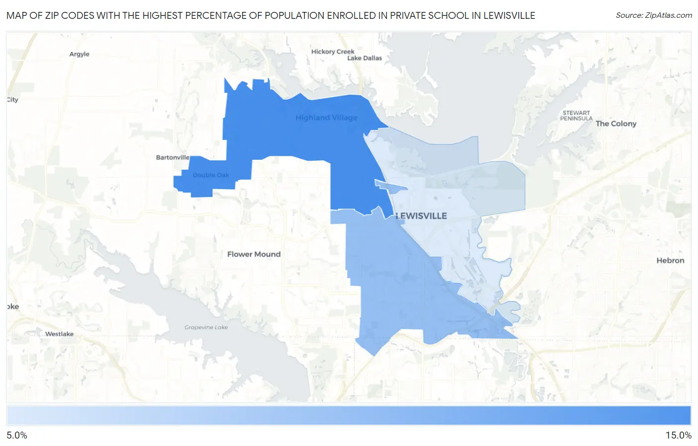 Zip Codes with the Highest Percentage of Population Enrolled in Private School in Lewisville Map