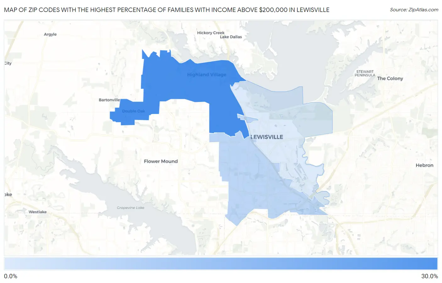 Zip Codes with the Highest Percentage of Families with Income Above $200,000 in Lewisville Map