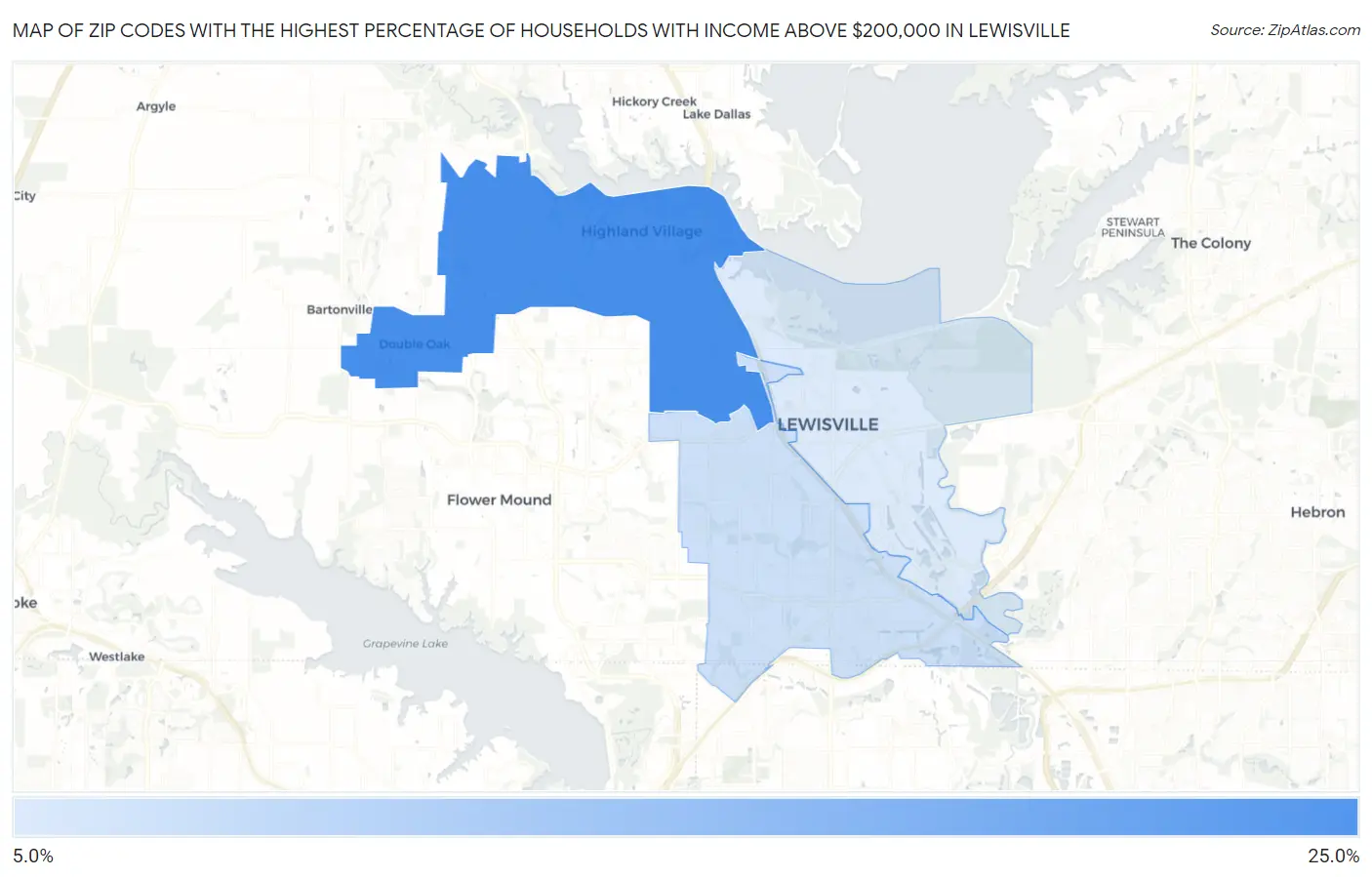 Zip Codes with the Highest Percentage of Households with Income Above $200,000 in Lewisville Map