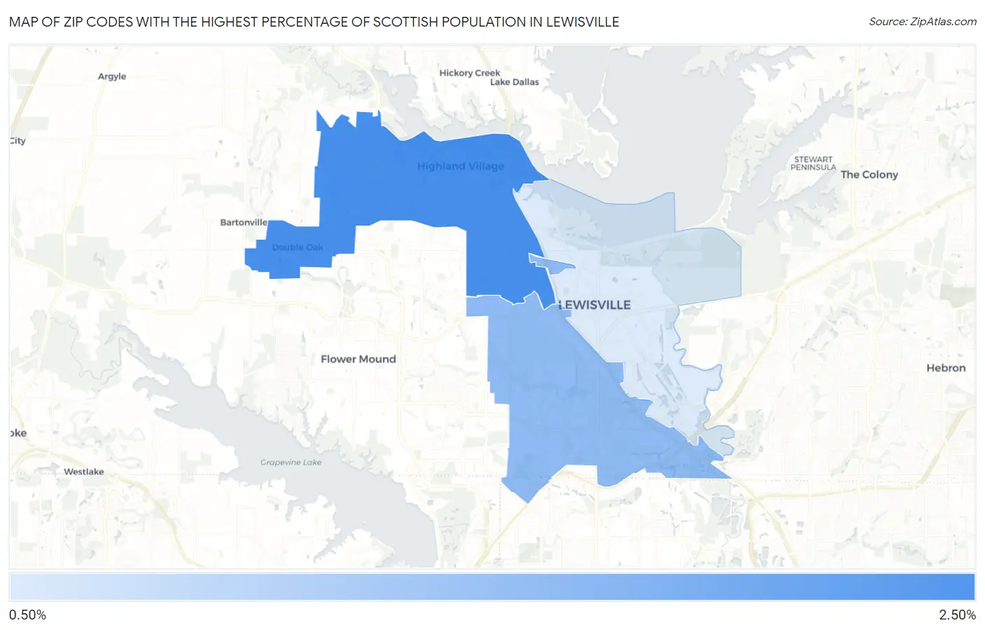 Zip Codes with the Highest Percentage of Scottish Population in Lewisville Map