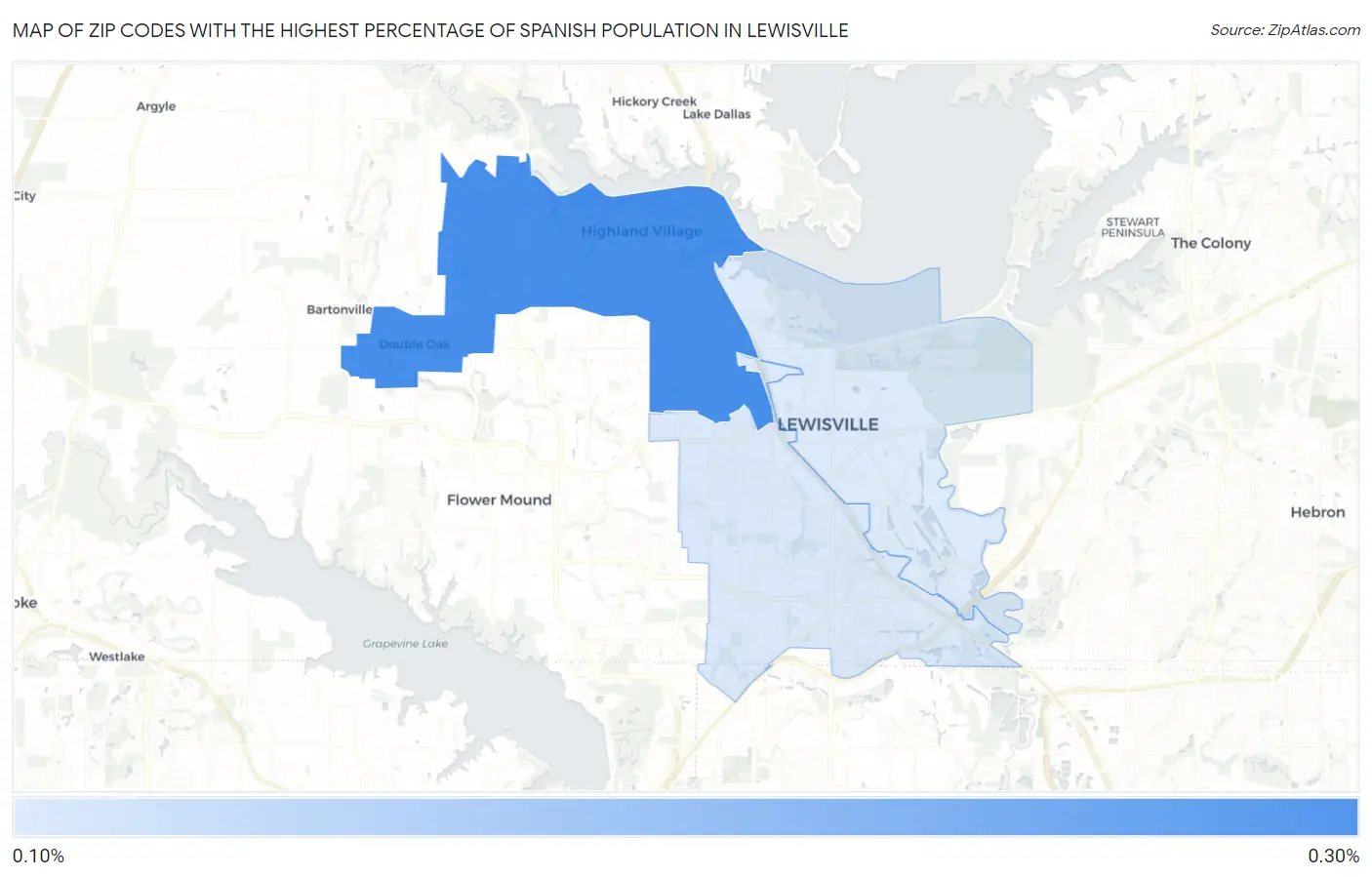 Zip Codes with the Highest Percentage of Spanish Population in Lewisville Map