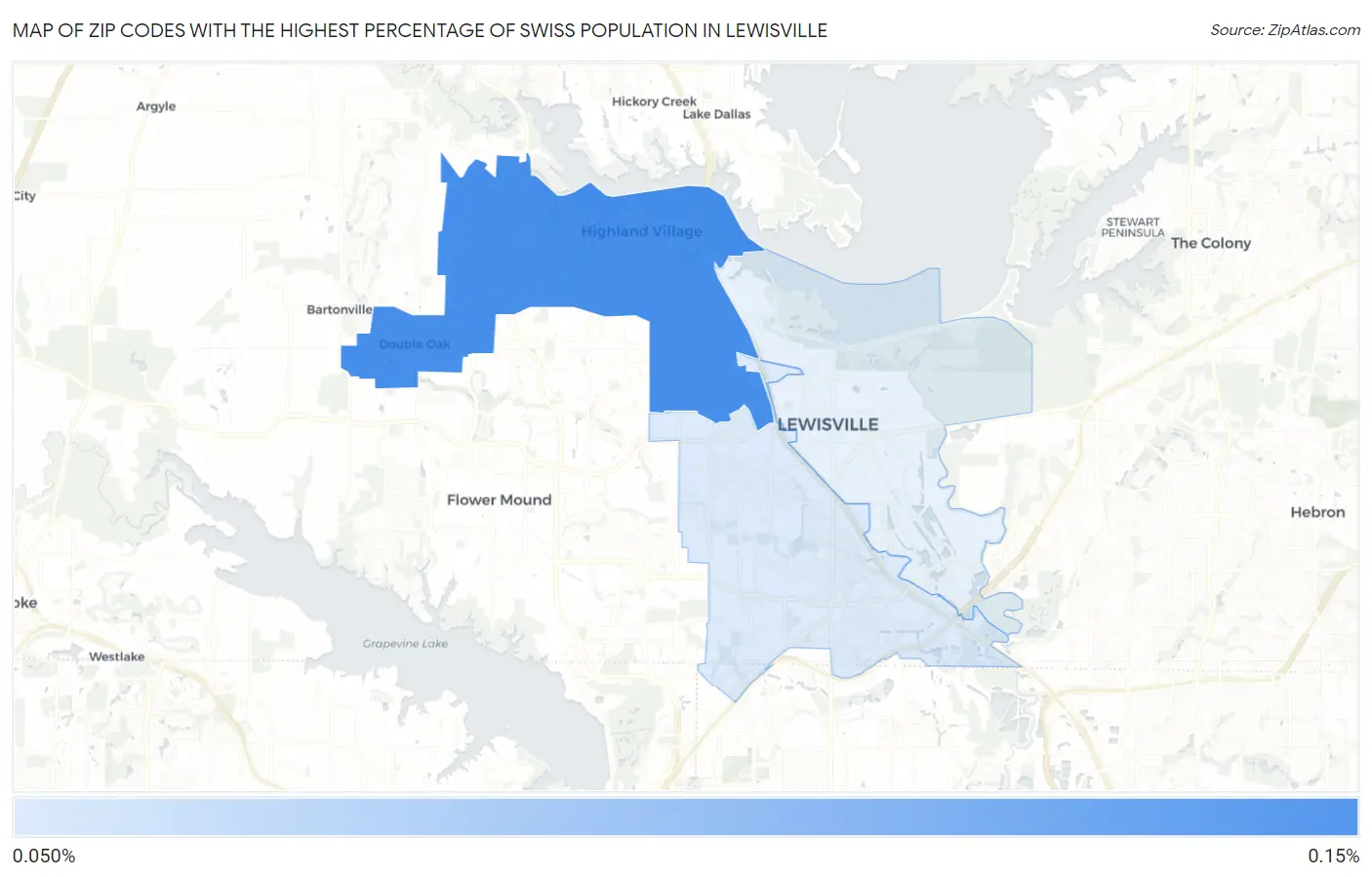 Zip Codes with the Highest Percentage of Swiss Population in Lewisville Map