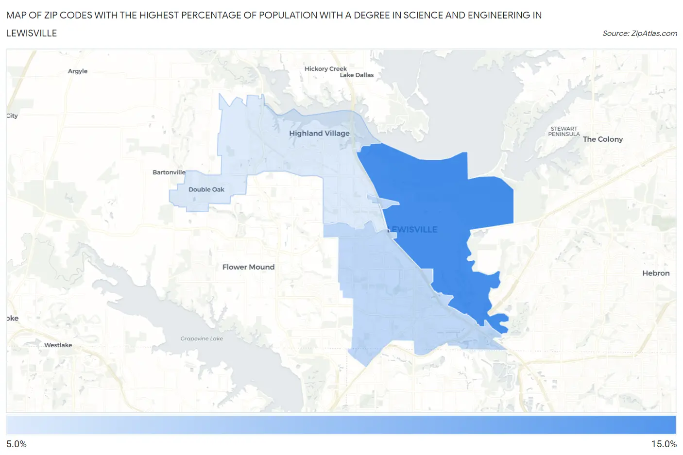 Zip Codes with the Highest Percentage of Population with a Degree in Science and Engineering in Lewisville Map