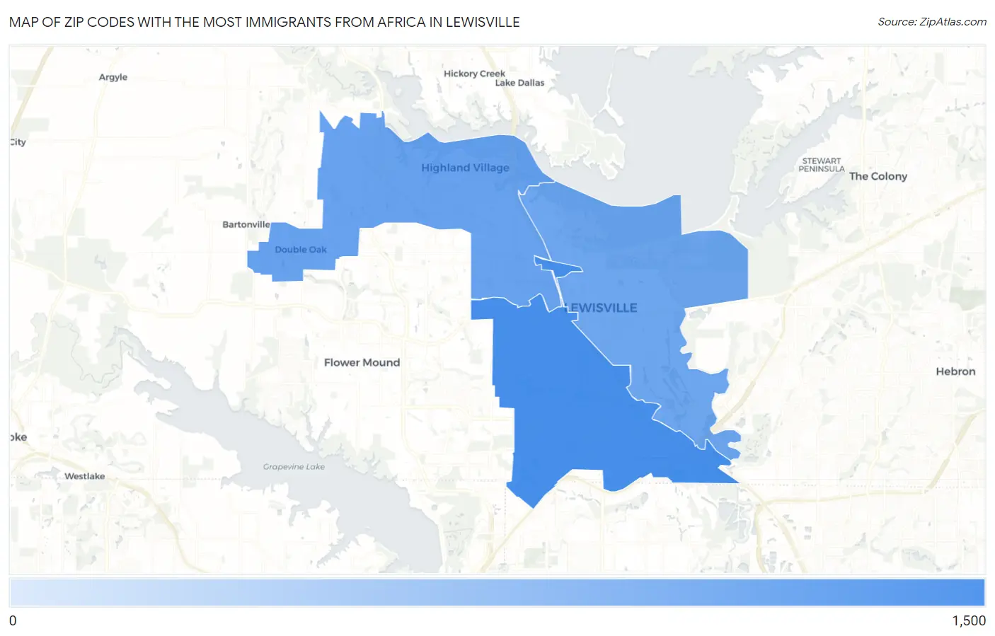 Zip Codes with the Most Immigrants from Africa in Lewisville Map