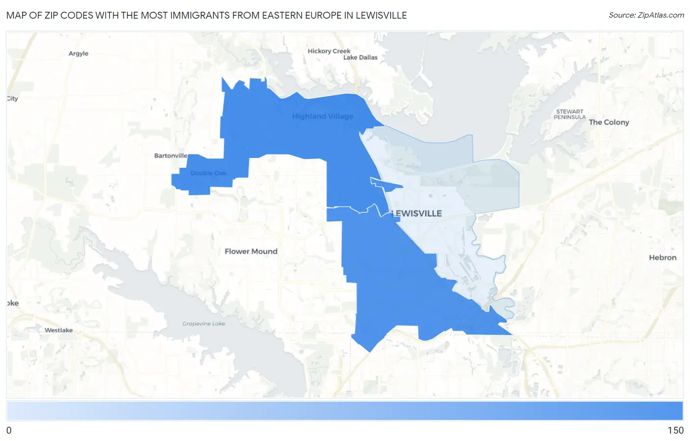 Zip Codes with the Most Immigrants from Eastern Europe in Lewisville Map