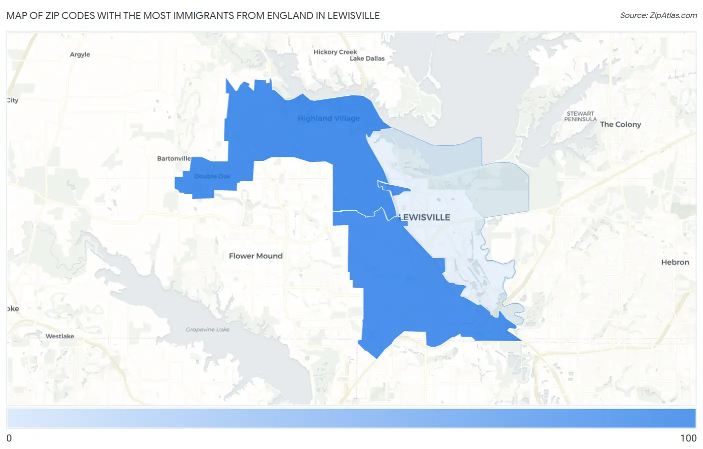 Zip Codes with the Most Immigrants from England in Lewisville Map