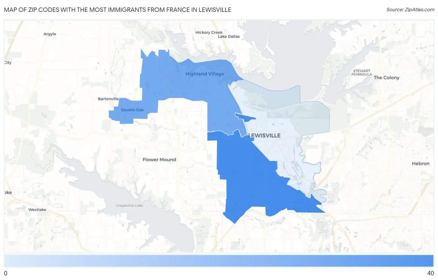 Zip Codes with the Most Immigrants from France in Lewisville Map