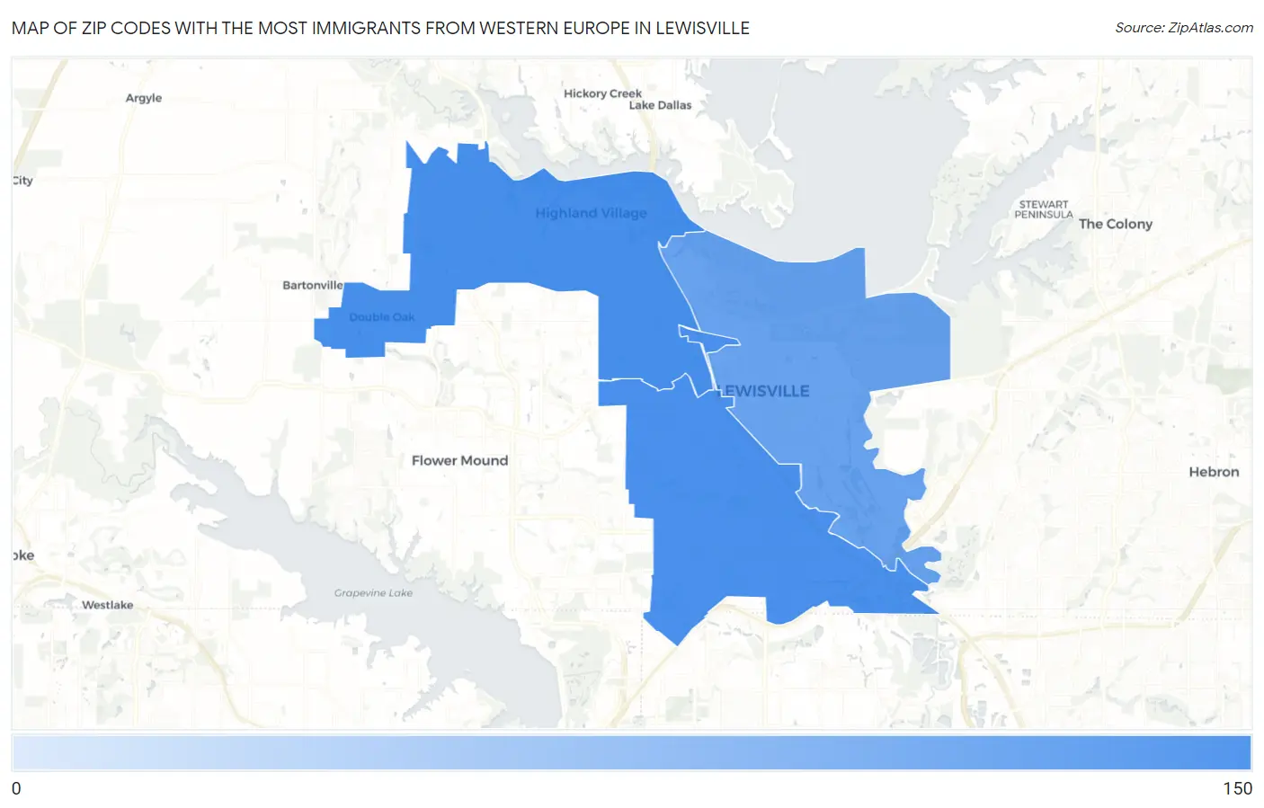 Zip Codes with the Most Immigrants from Western Europe in Lewisville Map