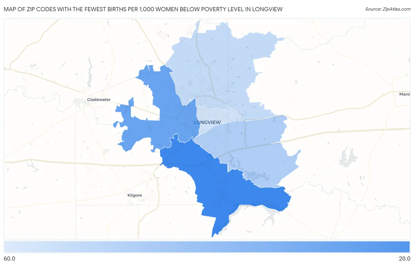 Zip Codes with the Fewest Births per 1,000 Women Below Poverty Level in Longview Map
