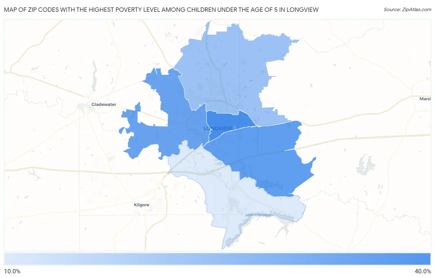 Zip Codes with the Highest Poverty Level Among Children Under the Age of 5 in Longview Map