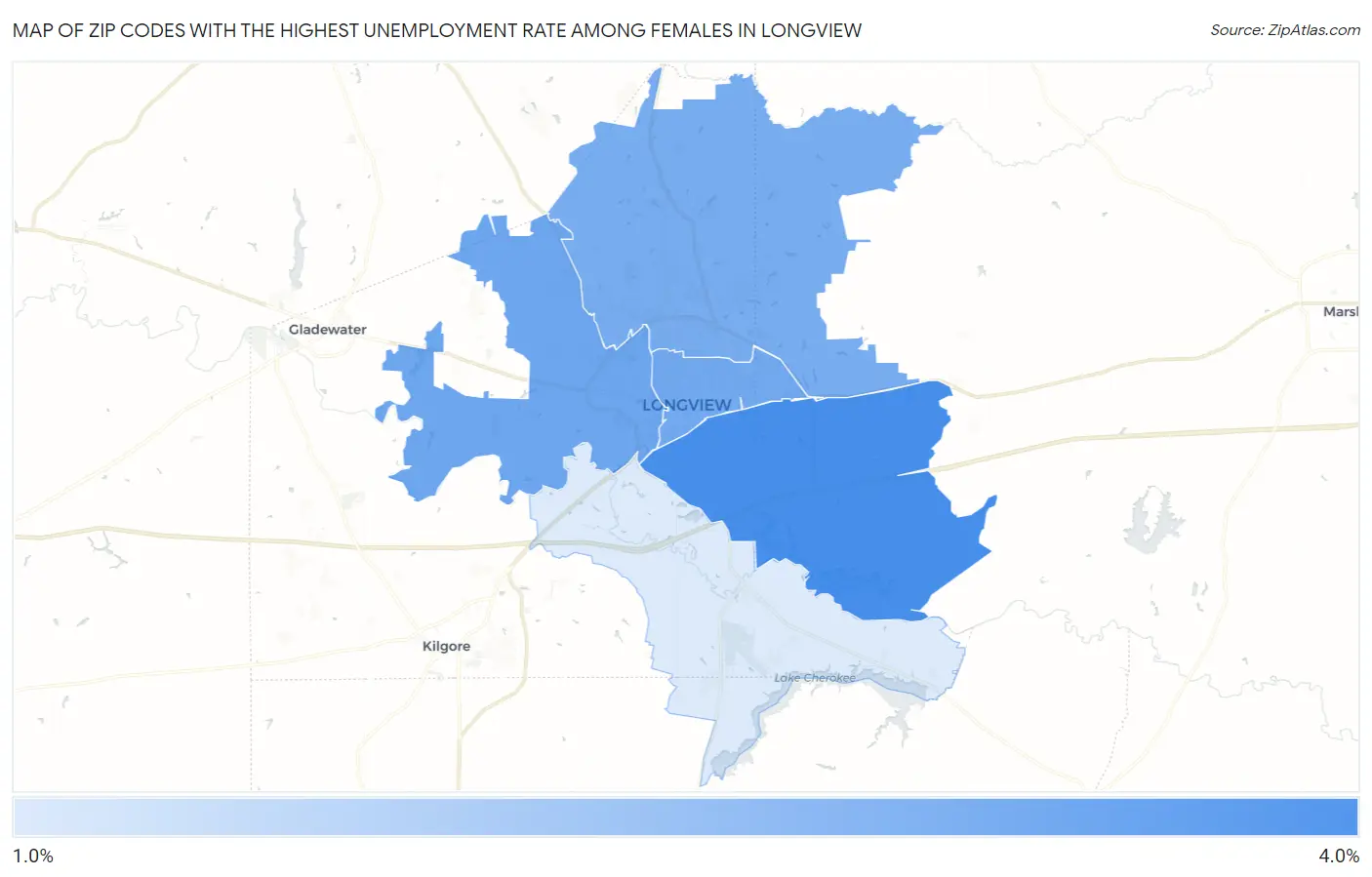 Zip Codes with the Highest Unemployment Rate Among Females in Longview Map