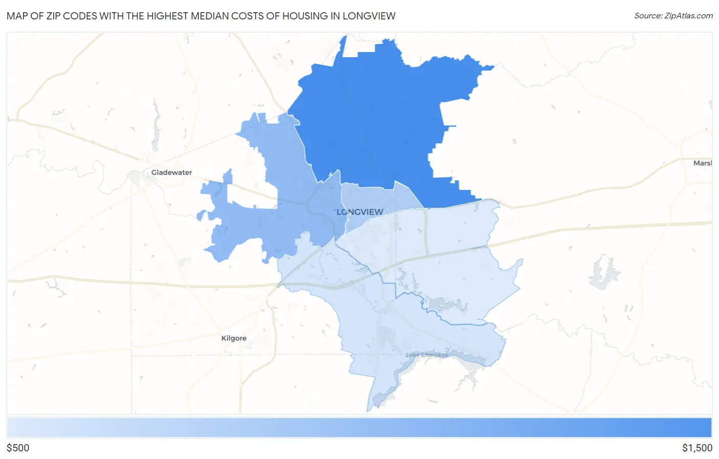 Zip Codes with the Highest Median Costs of Housing in Longview Map