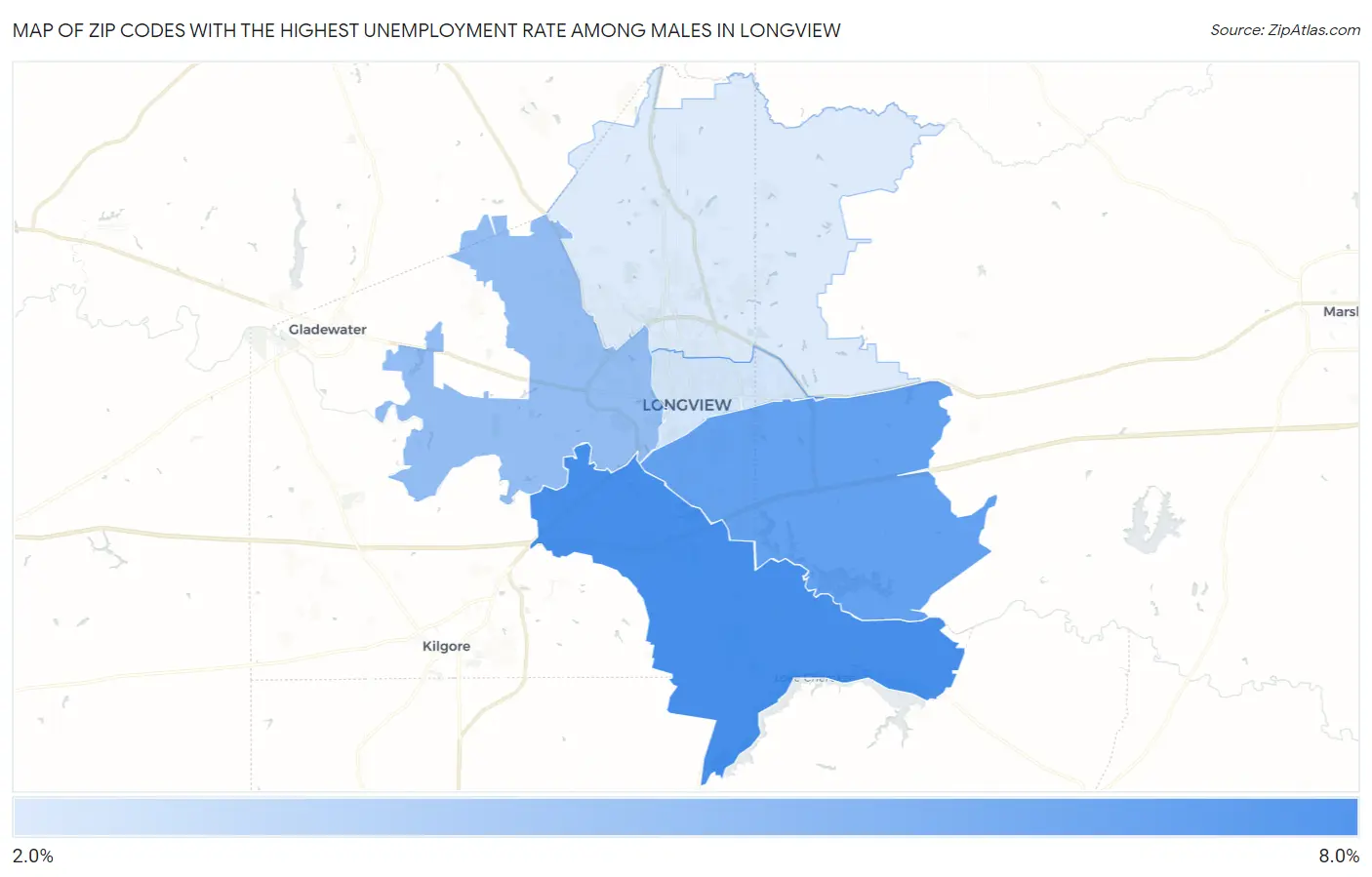 Zip Codes with the Highest Unemployment Rate Among Males in Longview Map