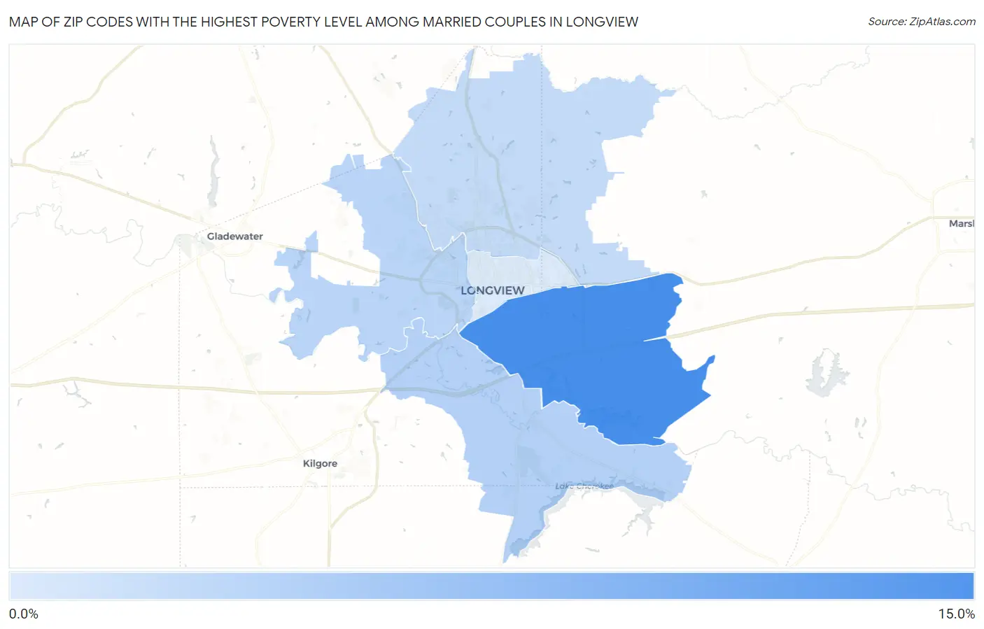 Zip Codes with the Highest Poverty Level Among Married Couples in Longview Map