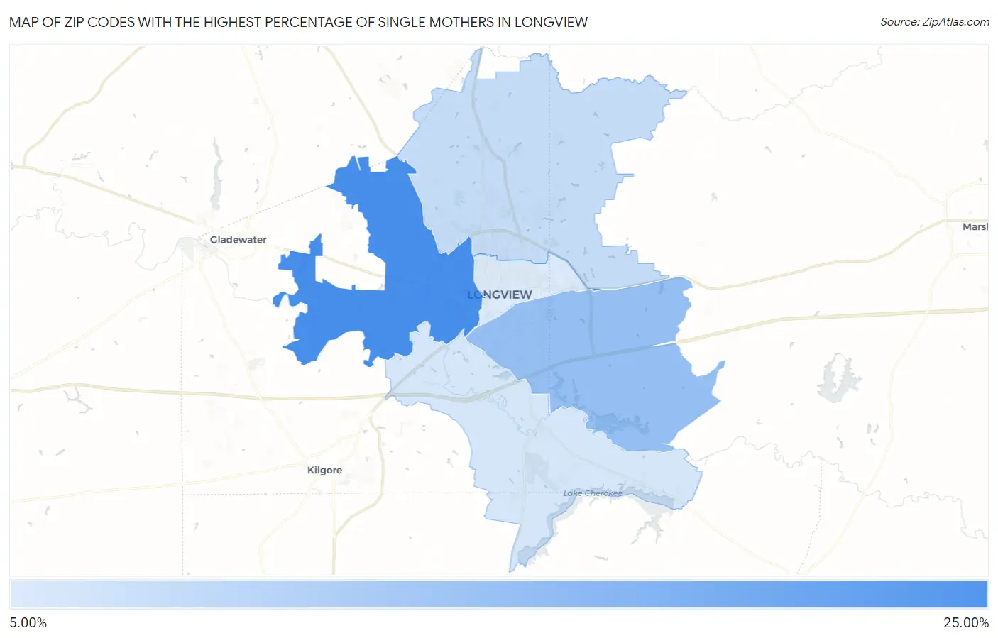 Zip Codes with the Highest Percentage of Single Mothers in Longview Map