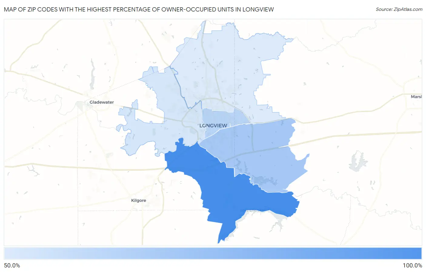 Zip Codes with the Highest Percentage of Owner-Occupied Units in Longview Map