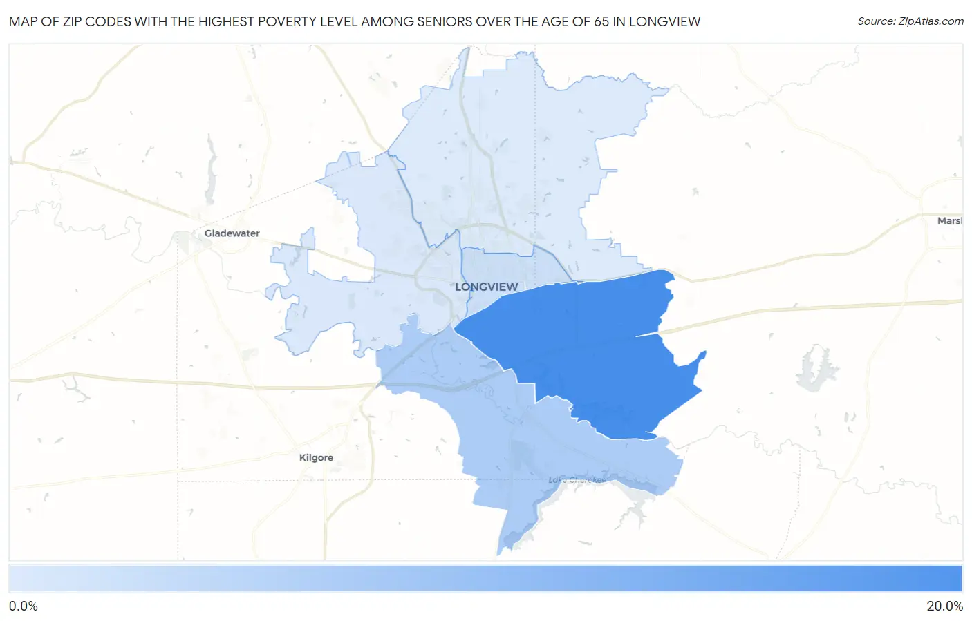 Zip Codes with the Highest Poverty Level Among Seniors Over the Age of 65 in Longview Map