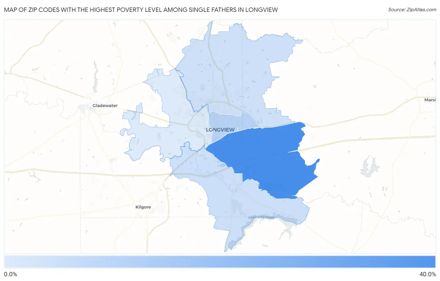 Zip Codes with the Highest Poverty Level Among Single Fathers in Longview Map
