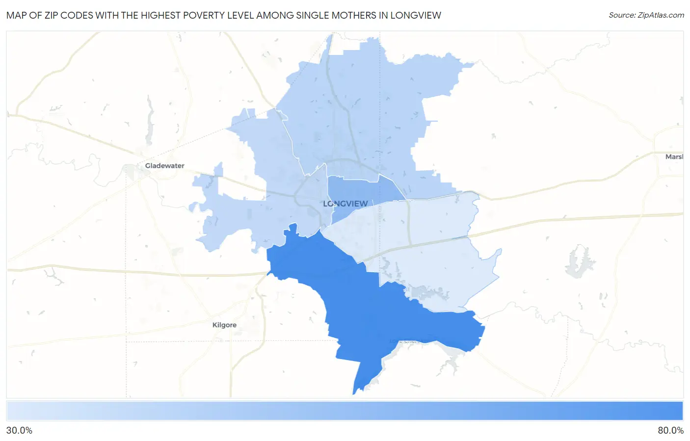 Zip Codes with the Highest Poverty Level Among Single Mothers in Longview Map