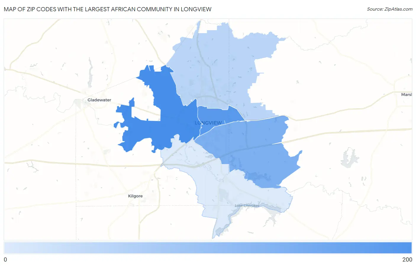 Zip Codes with the Largest African Community in Longview Map