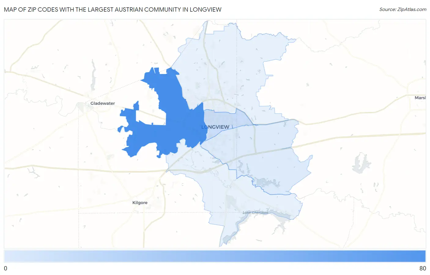 Zip Codes with the Largest Austrian Community in Longview Map