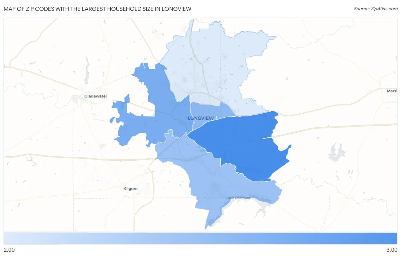 Zip Codes with the Largest Household Size in Longview Map