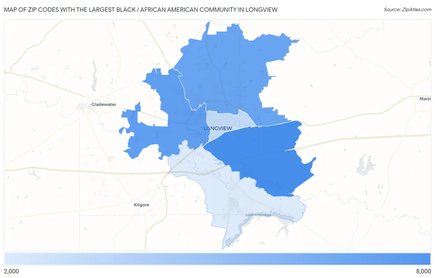 Zip Codes with the Largest Black / African American Community in Longview Map
