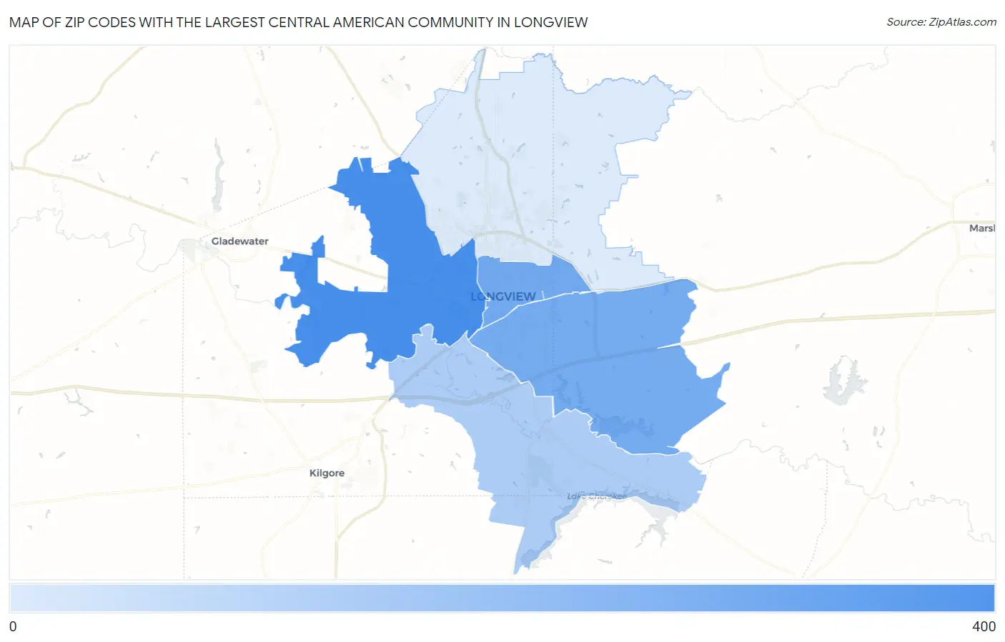 Zip Codes with the Largest Central American Community in Longview Map