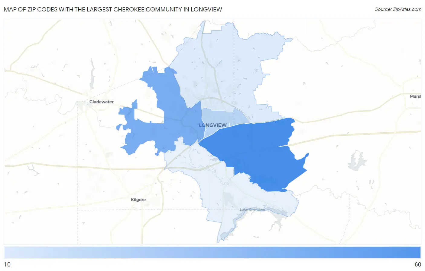 Zip Codes with the Largest Cherokee Community in Longview Map