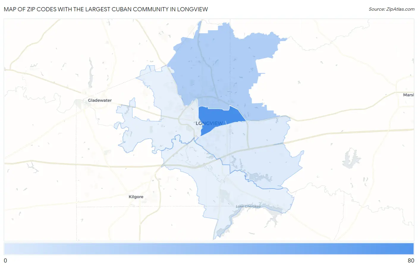 Zip Codes with the Largest Cuban Community in Longview Map