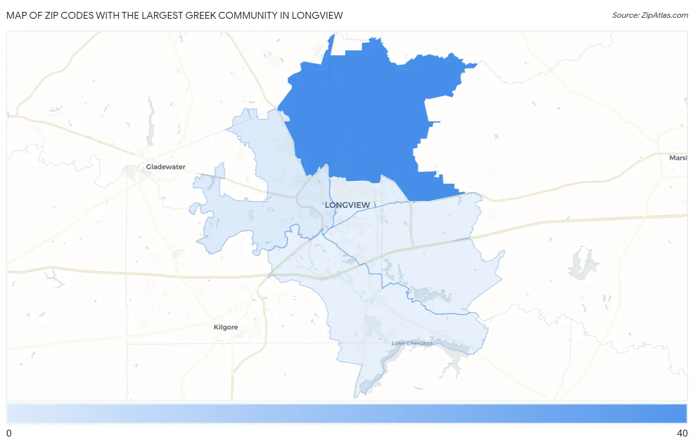 Zip Codes with the Largest Greek Community in Longview Map