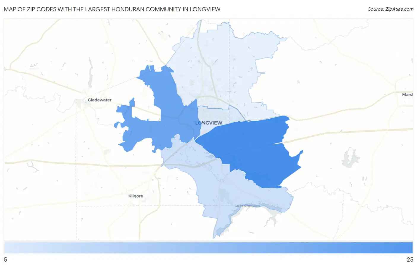 Zip Codes with the Largest Honduran Community in Longview Map