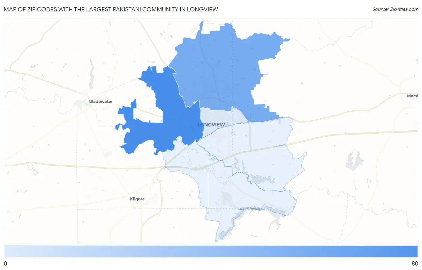 Zip Codes with the Largest Pakistani Community in Longview Map